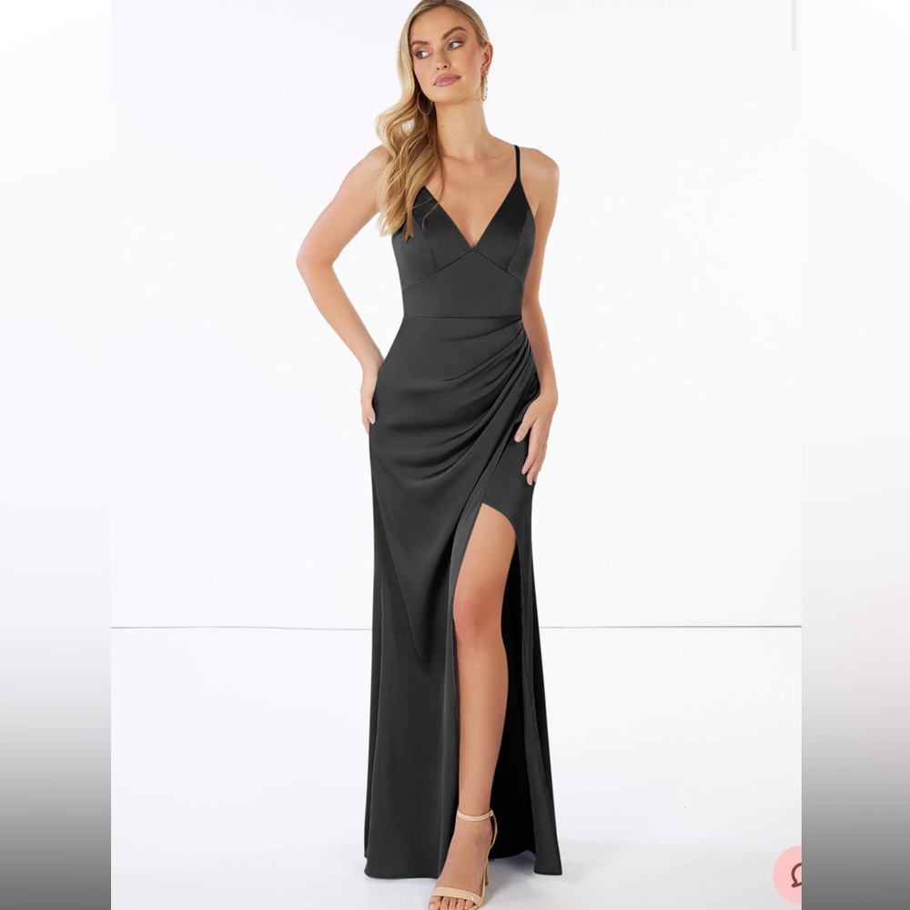 Black Stretch Satin Floor Length Bridesmaid Dress